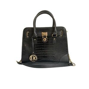 Dasein Womens Black Faux Leather Purse Padlock Belted Top Handle Satchel Handbag